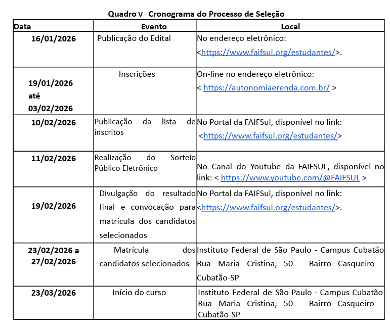 calendário do processo seletivo